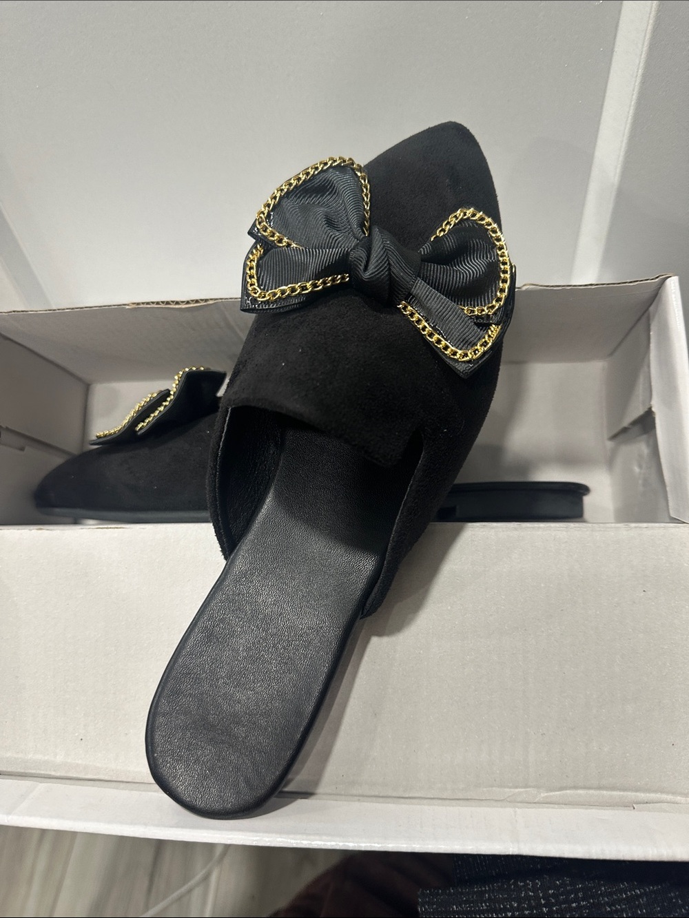 SHEIN Black Slip-On Mules with Gold-Trim Bow